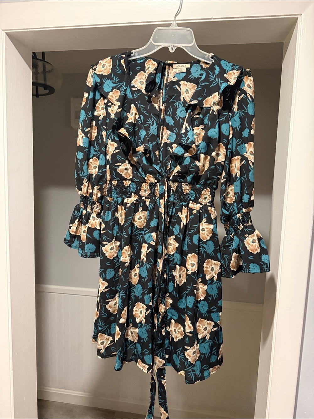 Anama Black Floral Mini Dress with Teal and Cream Print